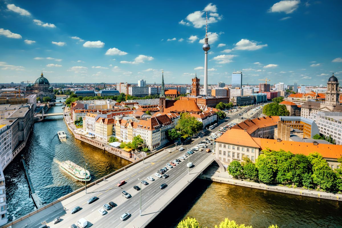 aerial view on Berlin with Tv-Tower and river