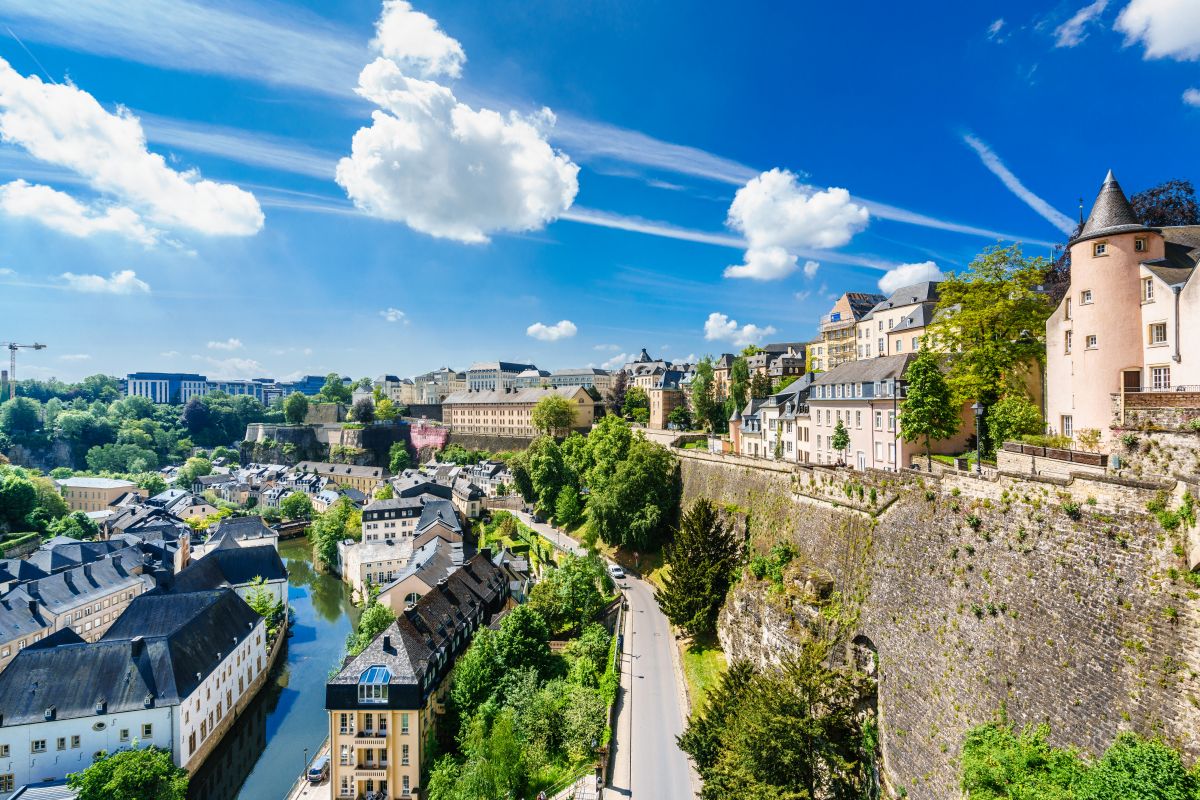Luxembourg, Luxembourg City, Low area of Grund from Boulevard du General Patto at sunny day