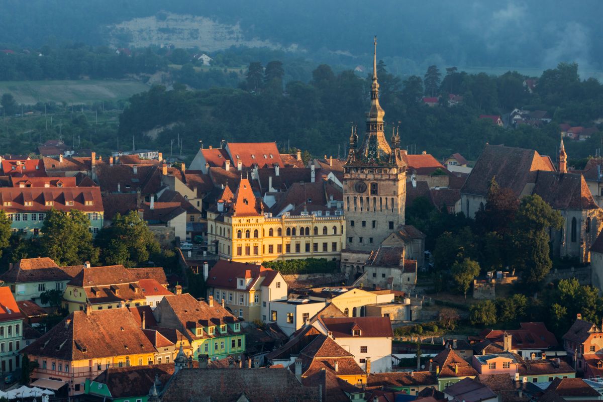 Cityscape at sunrise, Sighisoara, Transylvania, Romania