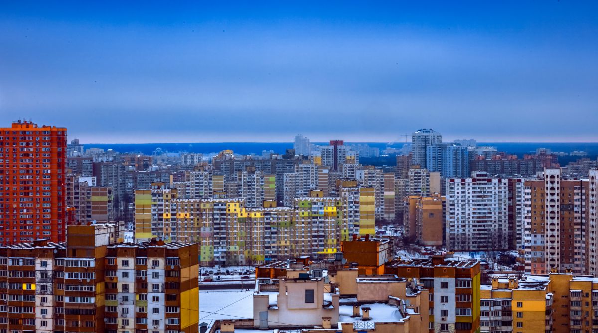 Multicolored residential arrays in cloudy weather, day, outdoor