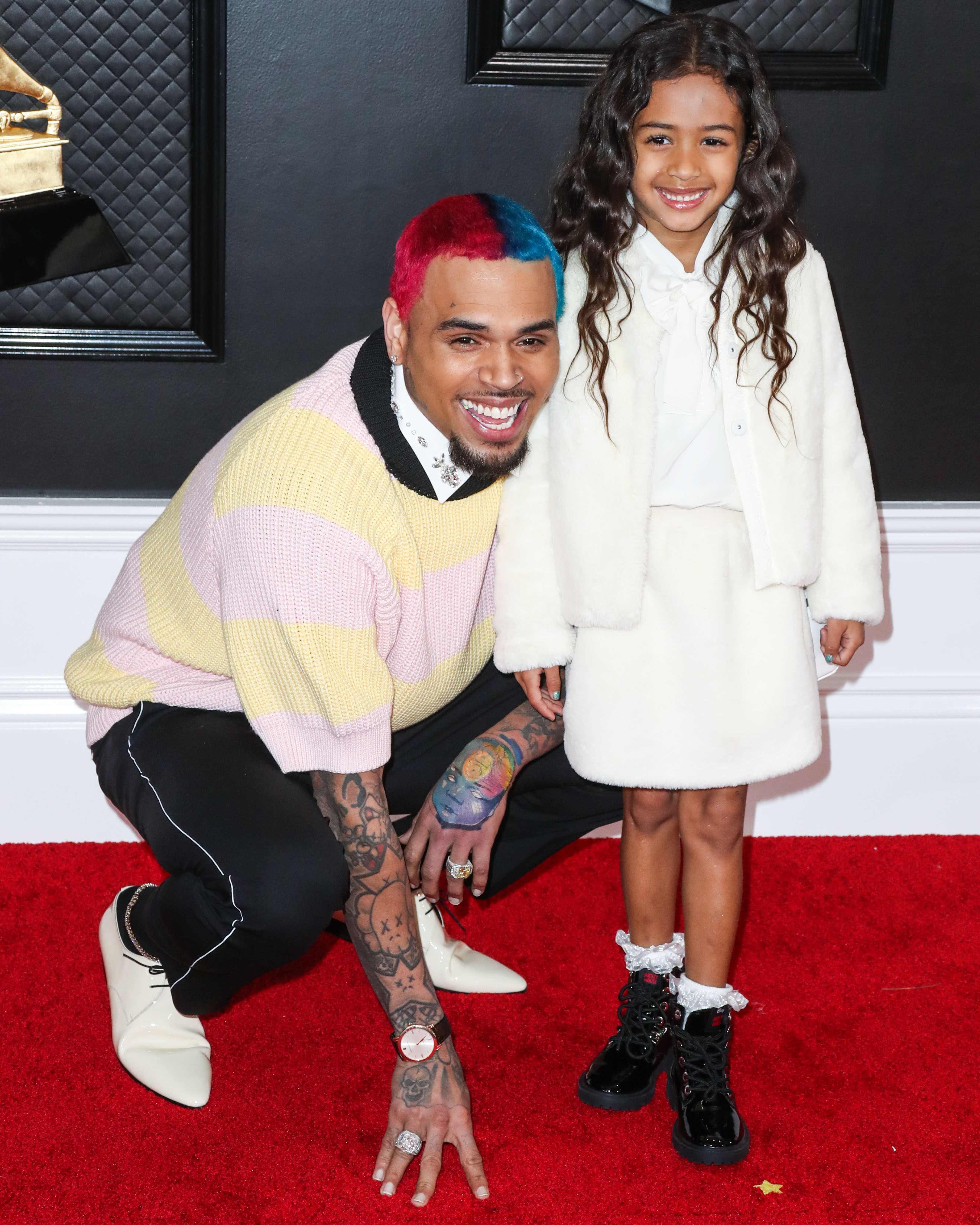 Singer Chris Brown and daughter Royalty Brown arrive at the 62nd Annual GRAMMY Awards held at Staples Center on January 26, 2020 in Los Angeles, California, United States.